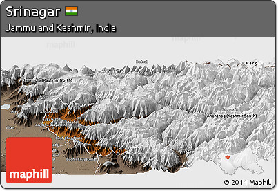 Physical Panoramic Map of Srinagar, semi-desaturated