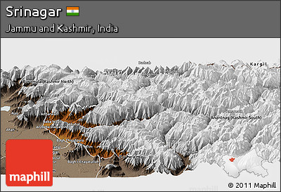 Physical Panoramic Map of Srinagar, semi-desaturated