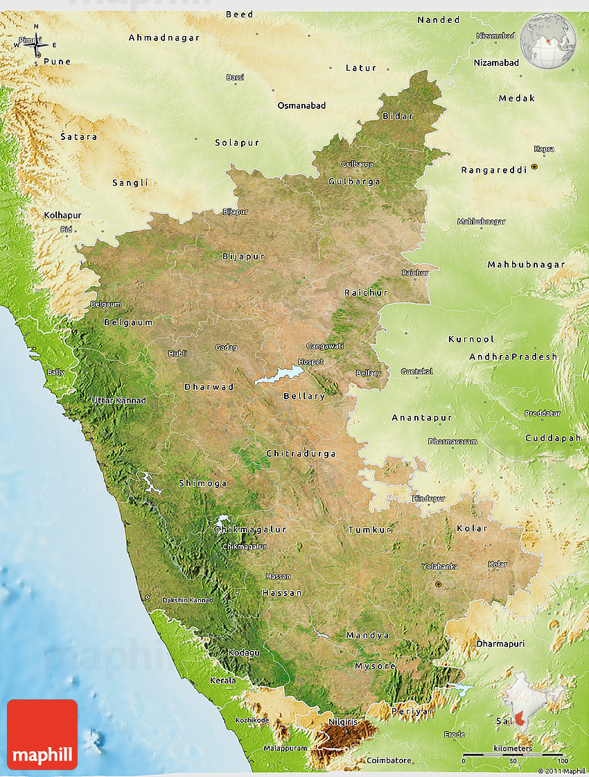 Physical Map Of Karnataka Satellite 3D Map Of Karnataka, Physical Outside