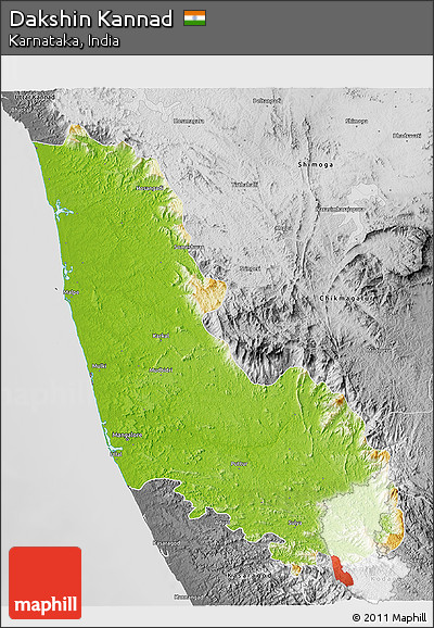 Physical 3D Map of Dakshin Kannad, desaturated