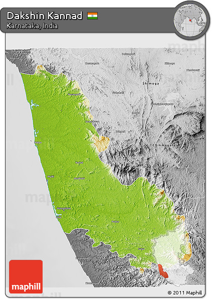 Physical 3D Map of Dakshin Kannad, desaturated