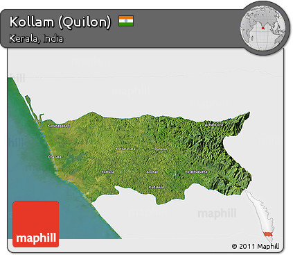 Satellite 3D Map of Kollam (Quilon), single color outside