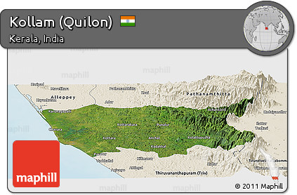 Satellite Panoramic Map of Kollam (Quilon), shaded relief outside