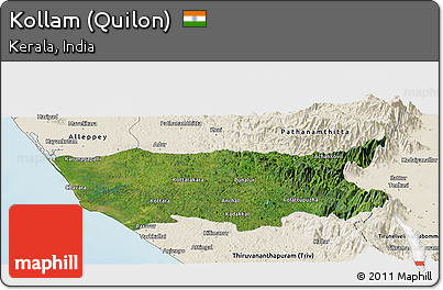 Satellite Panoramic Map of Kollam (Quilon), shaded relief outside