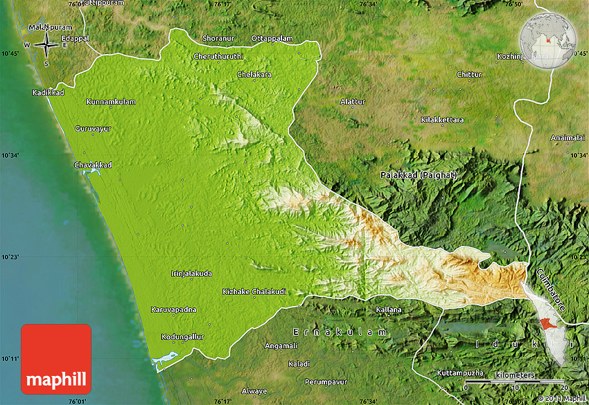 Physical Map of Trissur (Trichur), satellite outside