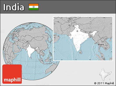 Blank Location Map of India, gray outside, hill shading outside