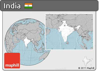 Blank Location Map of India, gray outside, hill shading outside