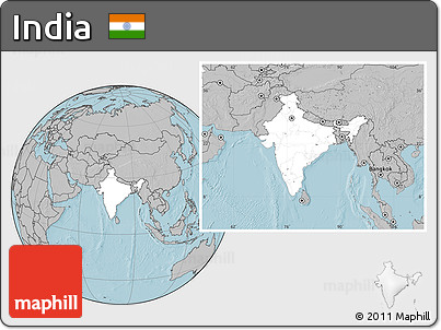 Blank Location Map of India, gray outside, hill shading outside