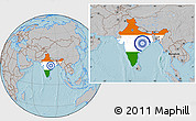 Flag Location Map of India, gray outside, hill shading outside