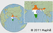 Flag Location Map of India, savanna style outside, hill shading outside