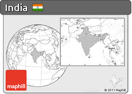 Gray Location Map of India, blank outside, hill shading inside
