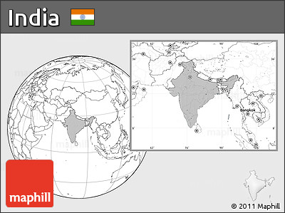 Gray Location Map of India, blank outside, hill shading inside
