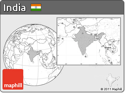 Gray Location Map of India, blank outside, hill shading inside