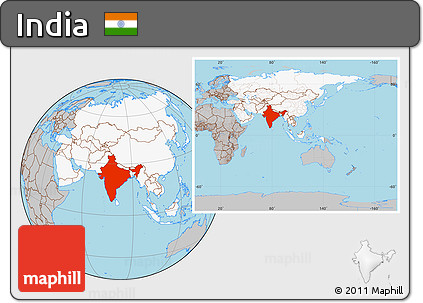 Gray Location Map of India, highlighted continent, within the entire continent