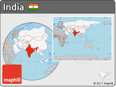 Gray Location Map of India, highlighted continent, within the entire continent