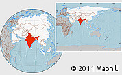 Gray Location Map of India, highlighted continent, within the entire continent, hill shading