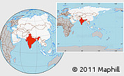 Gray Location Map of India, highlighted continent, within the entire continent