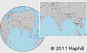 Gray Location Map of India, hill shading inside