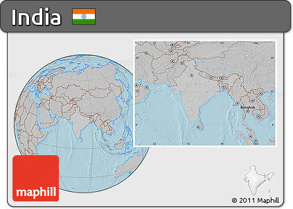 Gray Location Map of India, hill shading outside