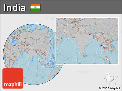 Gray Location Map of India, hill shading outside