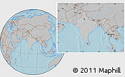 Gray Location Map of India, hill shading outside