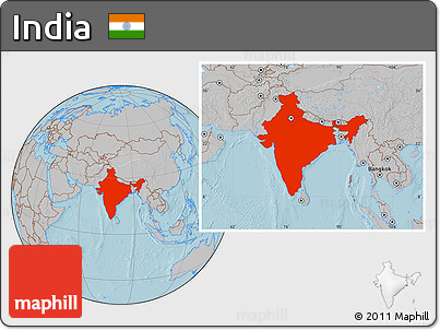 Gray Location Map of India, hill shading