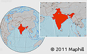 Gray Location Map of India, hill shading