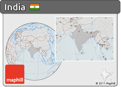 Gray Location Map of India, lighten, hill shading