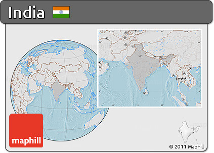Gray Location Map of India, lighten, land only, hill shading
