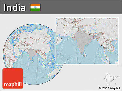 Gray Location Map of India, lighten, land only, hill shading