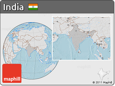 Gray Location Map of India, lighten, land only, hill shading