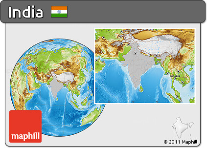 Gray Location Map of India, physical outside, hill shading