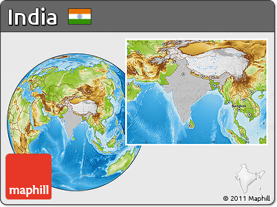 Gray Location Map of India, physical outside, hill shading