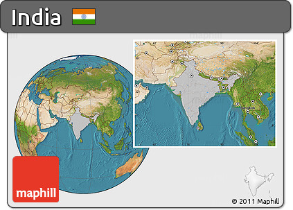 Gray Location Map of India, satellite outside, hill shading