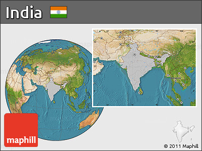 Gray Location Map of India, satellite outside, hill shading