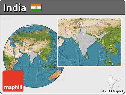 Gray Location Map of India, satellite outside, hill shading