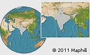 Gray Location Map of India, satellite outside, hill shading