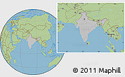 Gray Location Map of India, savanna style outside, hill shading inside