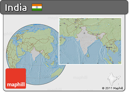 Gray Location Map of India, savanna style outside, hill shading outside