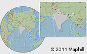 Gray Location Map of India, savanna style outside, hill shading outside