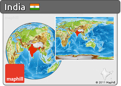 Physical Location Map of India, within the entire continent