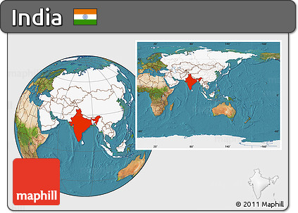 Satellite Location Map of India, highlighted continent, within the entire continent
