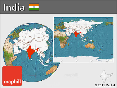 Satellite Location Map of India, highlighted continent, within the entire continent