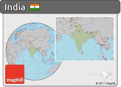 Savanna Style Location Map of India, gray outside, hill shading inside