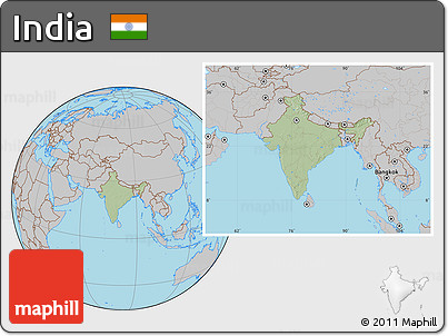 Savanna Style Location Map of India, gray outside, hill shading inside