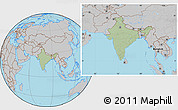 Savanna Style Location Map of India, gray outside, hill shading inside