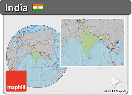 Savanna Style Location Map of India, gray outside, hill shading outside