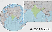 Savanna Style Location Map of India, gray outside, hill shading outside