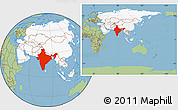 Savanna Style Location Map of India, highlighted continent, within the entire continent