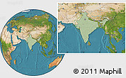 Savanna Style Location Map of India, satellite outside, hill shading